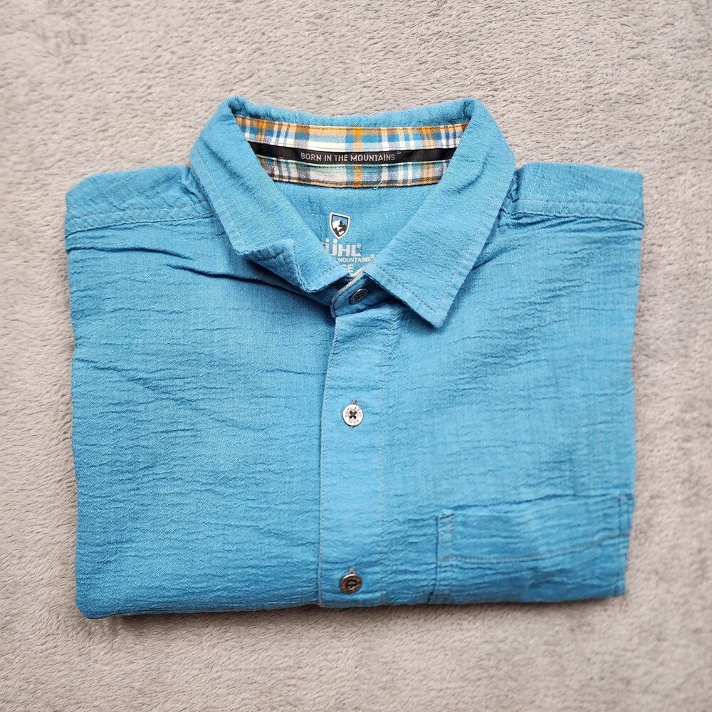 Kuhl Mens L Blue Short Sleeve Button Up Shirt Lightweight 100% Organic Cotton